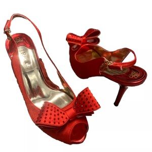 New J.Reneé High Heels Red Satin With Bow & Rhinestone Detail Size 8 W